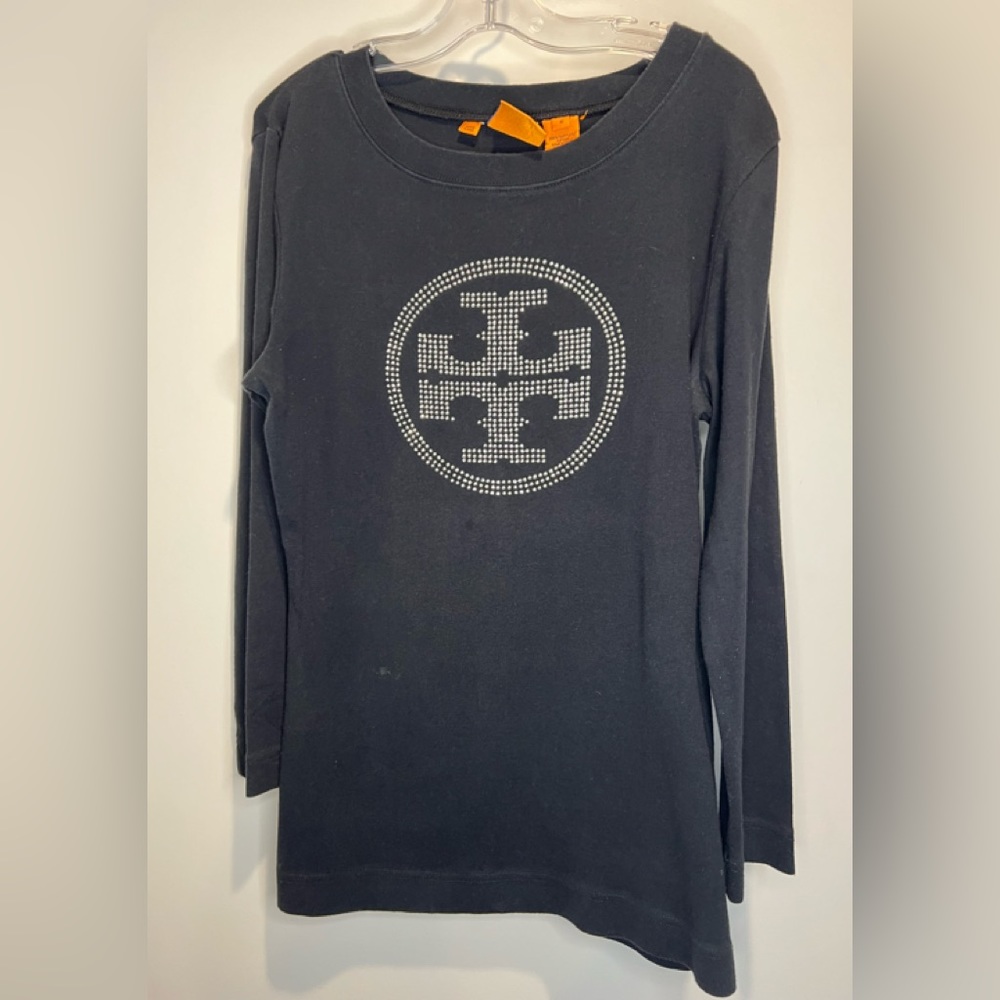 Tory Burch Black Long Sleeve Logo Tee with Rhinestone Emblem, Size Medium